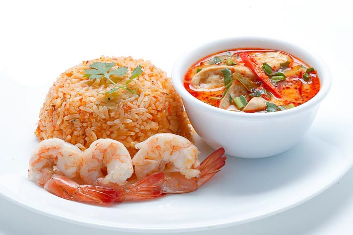 Shrimp Oil Fried Rice w/ Shrimp & Creamy Tom Yum Mushroom Soup